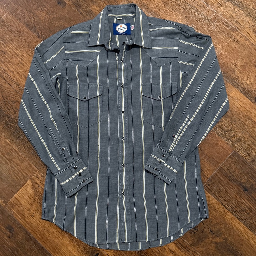 Vintage Prior Mens Grey Striped Western Pearl Snap Shirt Made in USA 15-32